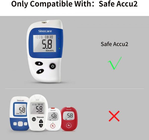 Comparaison de compatibilité des bandelettes pour Sinocare Safe-Accu 2, montrant les glucomètres compatibles et non compatibles.