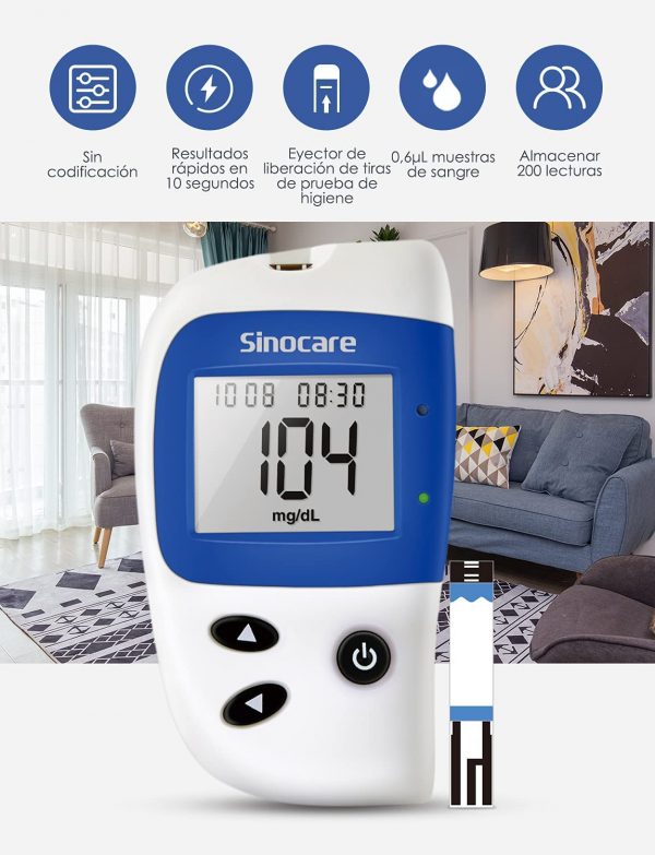 Glucomètre - Sinocare Safe Accu 2 avec bandelette de test et affichage de 104 mg/dL.