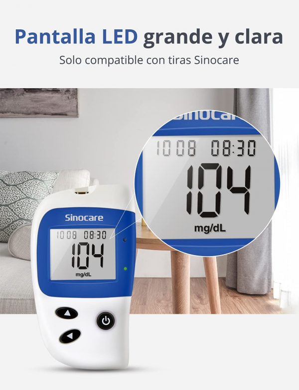 Glucomètre - Sinocare Safe Accu 2 avec écran LED large et clair affichant le résultat de la glycémie.