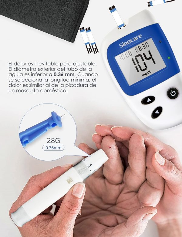 Glucomètre - Sinocare Safe Accu 2 avec autopiqueur 28G de 0,36 mm et bandelettes de test.