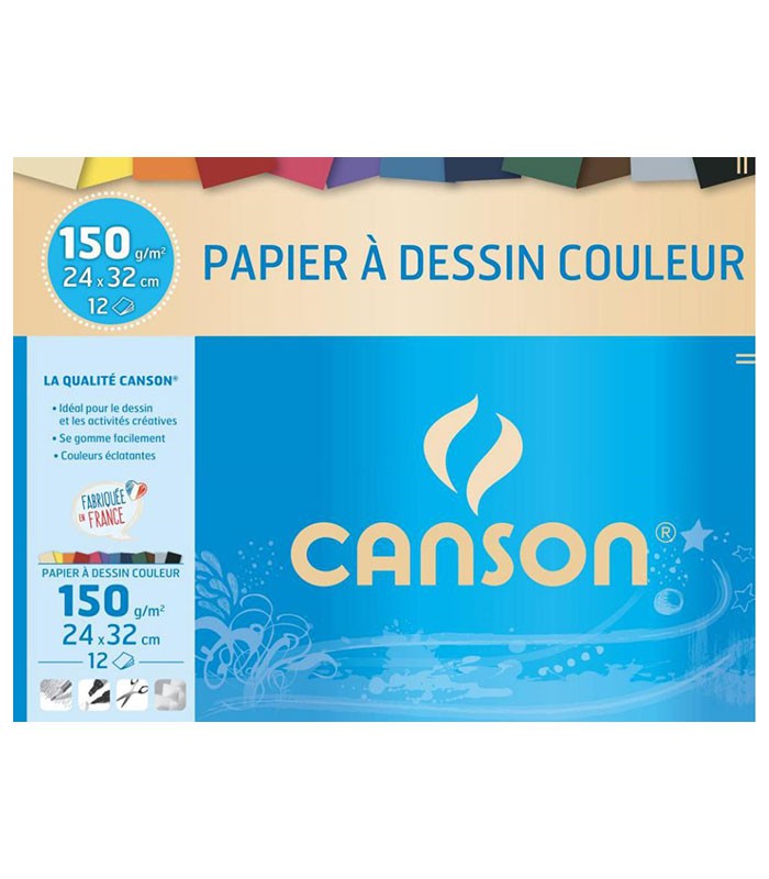 Papier dessin CANSON 24x32cm 150g couleurs vives pochette 12