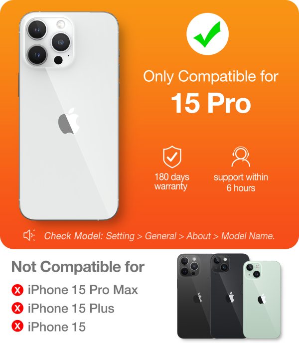 Image indiquant que la coque Torras est uniquement compatible avec l'iPhone 15 Pro, avec des icônes de garantie de 180 jours et de support dans les 6 heures.