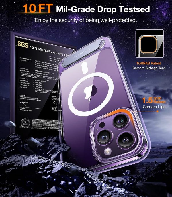 Coque Torras Pstand violette pour iPhone 15 Pro Max avec technologie brevetée d'airbags pour caméra, résistante aux chutes, testée militairement à 10 pieds.