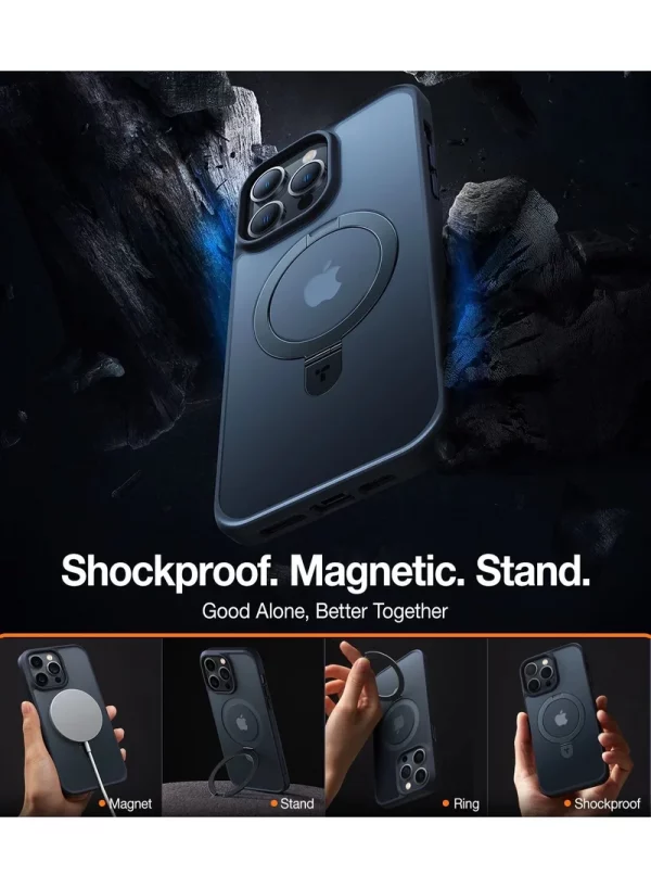 Coque iPhone 15 Pro Torras UPRO Ostand mise en valeur avec des fonctionnalités antichoc, magnétique et avec support, dans un décor sombre et rocheux.