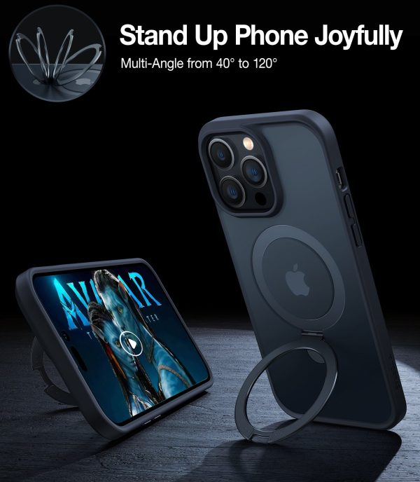 Coque magnétique pour iPhone 15 Pro Torras UPRO Ostand avec support, montrée sous différents angles sur un fond sombre.