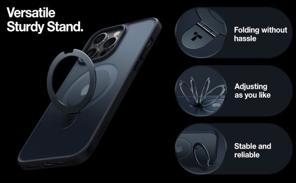 Coque pour iPhone 15 Pro Torras UPRO Ostand noire avec un support pliable, ajustable et stable présentée sur un fond noir.