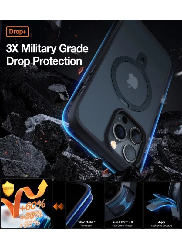 Protection triple niveau militaire pour iPhone 15 Pro avec la coque Torras UPRO Ostand, affichant la technologie ShockMAT™ et des airbags aux quatre coins.