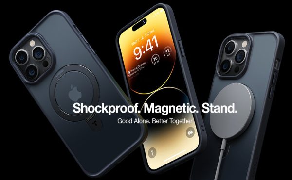 Trois vues de la coque pour iPhone 15 Pro Torras UPRO Ostand montrant sa résistance aux chocs, ses propriétés magnétiques et sa fonction de support.