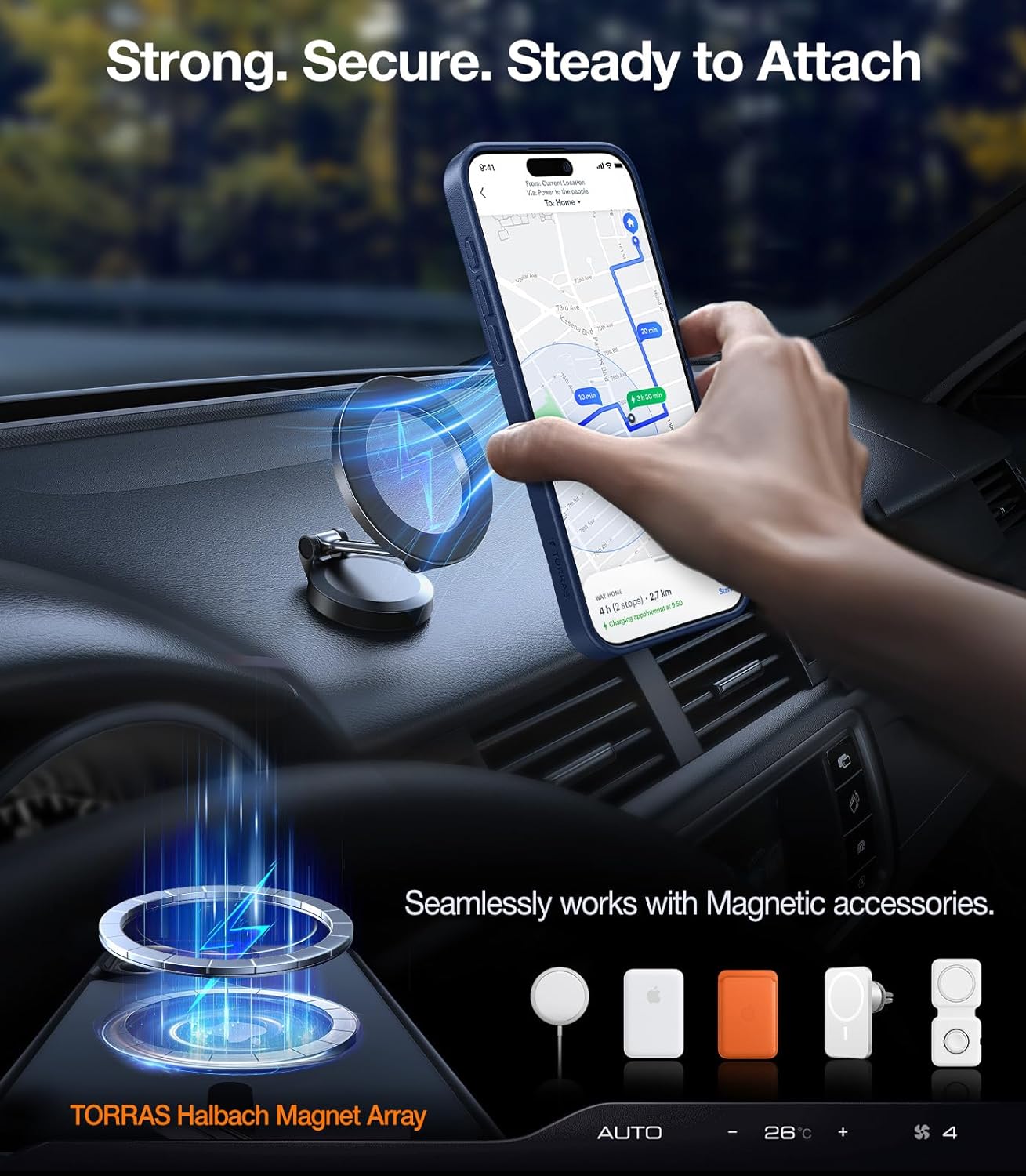 Coque Torras Bleu Marine pour iPhone 15 Pro sur Tableau de Bord de Voiture avec MagSafe