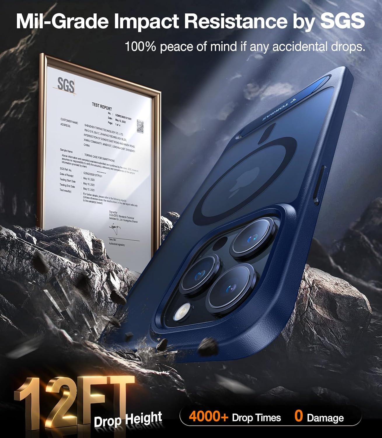 Coque iPhone 15 Pro Torras Pstand – Résistance Chute 12ft, 4000+ Tests, Bleu Marine