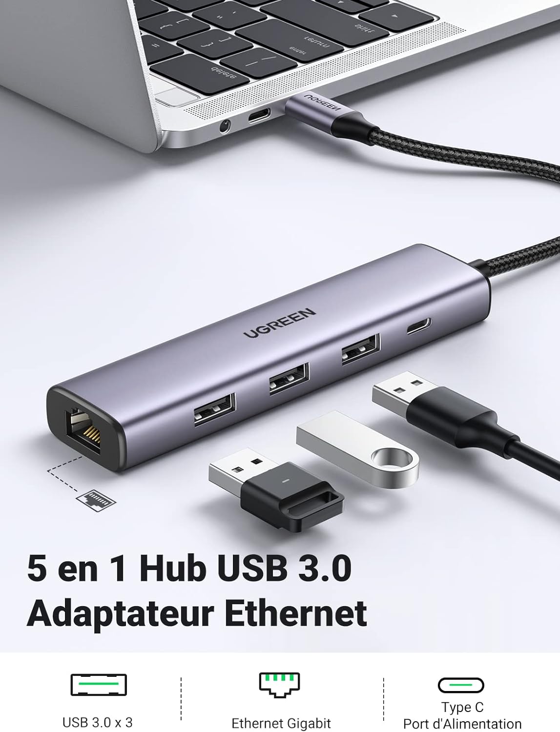 Adaptateur (Hub) USB 3.0 vers 3 Ports USB 3.0, RJ45 Réseau LAN Gigabit 1000Mbps et 1 port USB-C – UGREEN 2