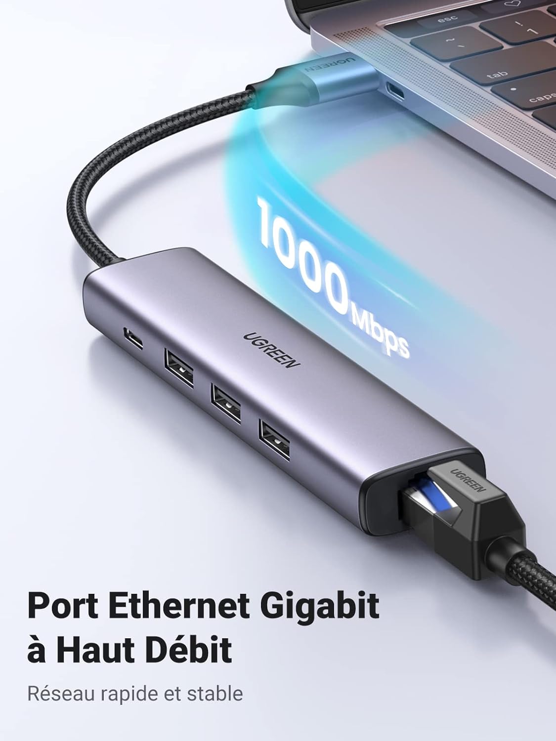 Adaptateur (Hub) USB 3.0 vers 3 Ports USB 3.0, RJ45 Réseau LAN Gigabit 1000Mbps et 1 port USB-C – UGREEN 3