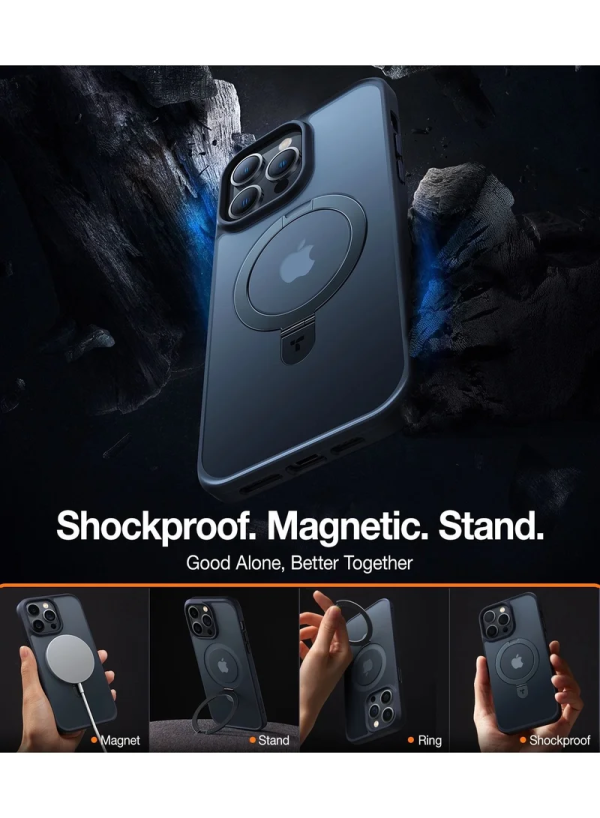 Coque iPhone 15 Pro Max Torras UPRO Ostand mise en valeur avec des fonctionnalités antichoc, magnétique et avec support, dans un décor sombre et rocheux.