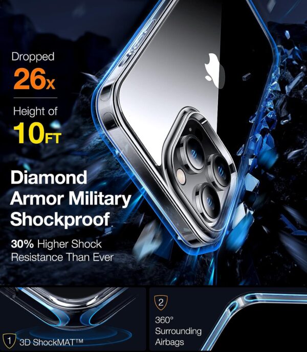 Coque Torras Diamond Clear pour iPhone 15 Pro Max avec protection militaire anti-choc, résistance aux chutes de 10 pieds et airbags 360°.