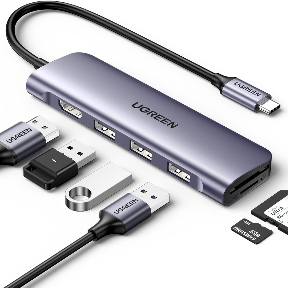 Hub USB C 6 en 1 avec 4K vers HDMI, Lecteur de Carte SD TF, 3 Ports USB 3.0, en Aluminium – UGREEN 8