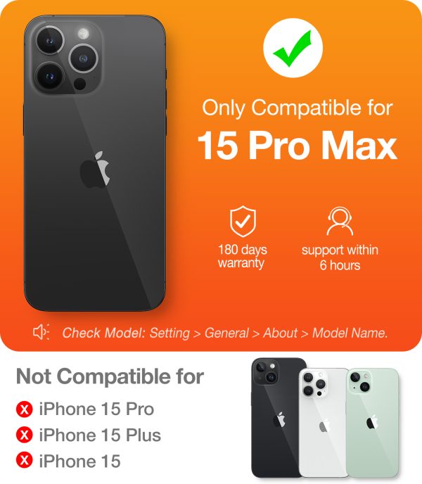 Image indiquant que la coque Torras est uniquement compatible avec l'iPhone 15 Pro Max, avec des icônes de garantie de 180 jours et de support dans les 6 heures.