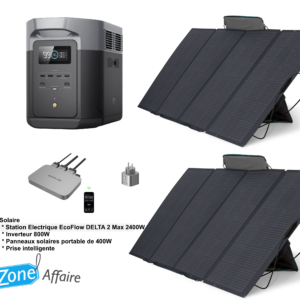 Kit solaire Ecoflow comprenant une station électrique Ecoflow Delta 2 Max, deux panneaux solaires portables de 400W, un micro-onduleur de 800W et une prise intelligente.