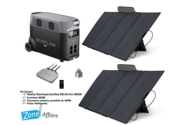 Kit solaire – Ecoflow 3600Wh comprenant une station électrique Delta Pro, deux panneaux solaires, un micro-onduleur et une prise intelligente.