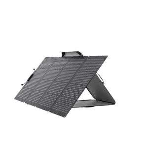 Panneau solaire bifacial portable 220W EcoFlow avec support autonome et inclinaison réglable.