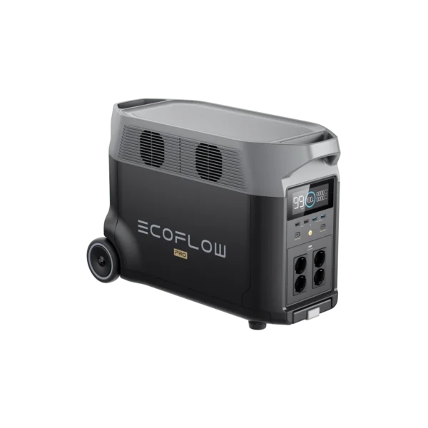 Station électrique portable 3600Wh – EcoFlow DELTA Pro, avec roues et écran de contrôle, offrant des prises murales puissantes et une capacité de batterie étendue.