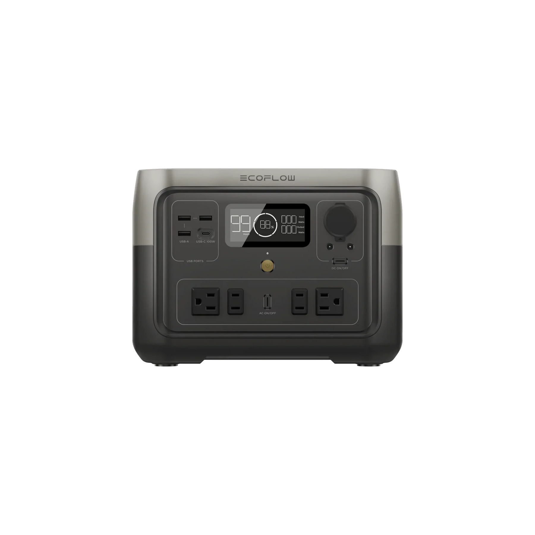 Station électrique portable 512Wh – EcoFlow River 2 Max, vue de face montrant les ports de sortie et l'écran d'affichage.