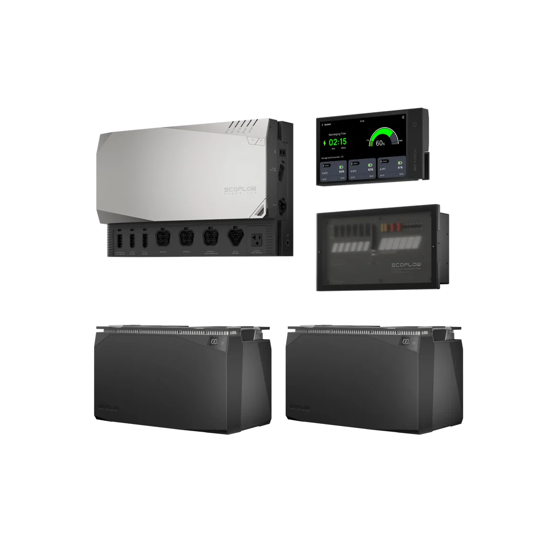 Kit Indépendance 10KWh – EcoFlow avec batteries, panneau de distribution et console.