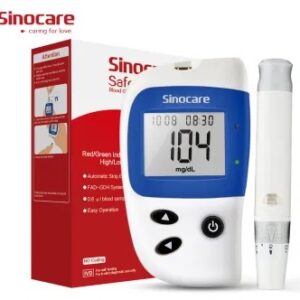 Glucomètre - Sinocare Safe Accu 2 avec bandelettes de test et autopiqueur, affichant 104 mg/dL sur l'écran.