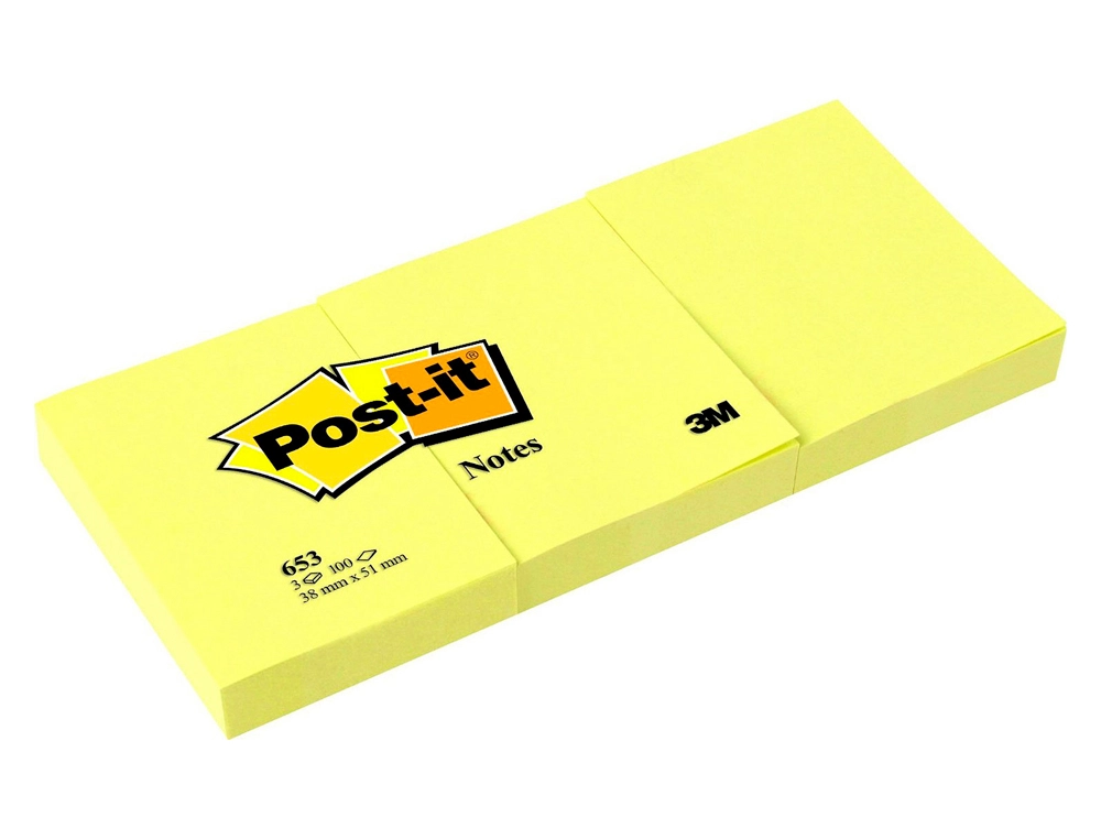 Bloc-notes post-it 653 51x38mm 100f par bloc repositionnables coloris jaune étui 3 blocs