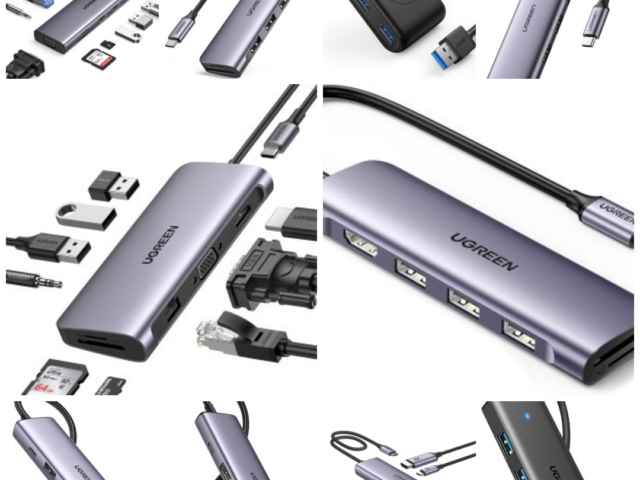 Collage d'adaptateurs Hub USB multifonctions de Zone Affaire, comprenant des ports USB-C, HDMI, Ethernet, et lecteurs de cartes